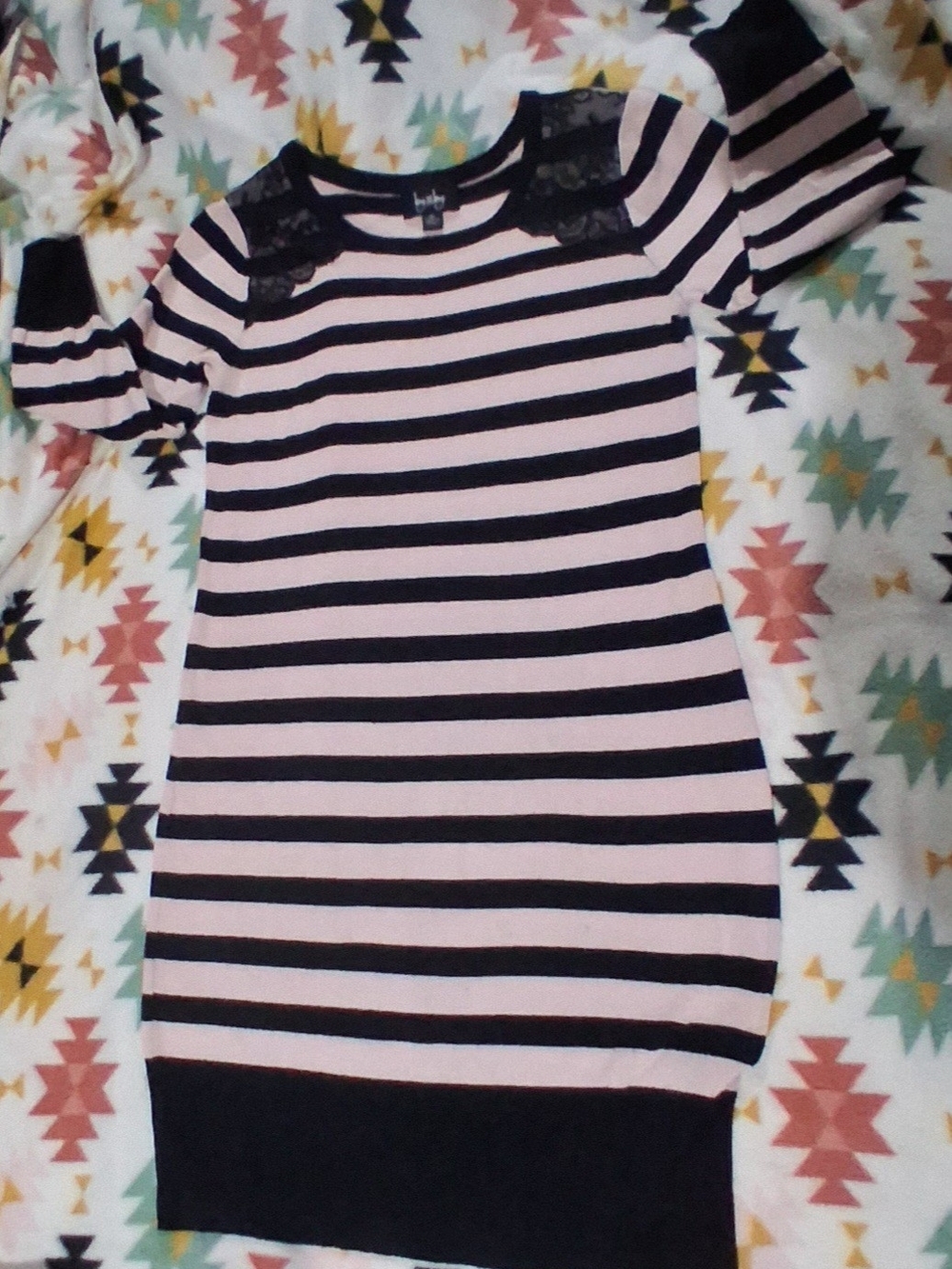 by & by Pink and Black Striped Lace-Shoulder Midi Dress